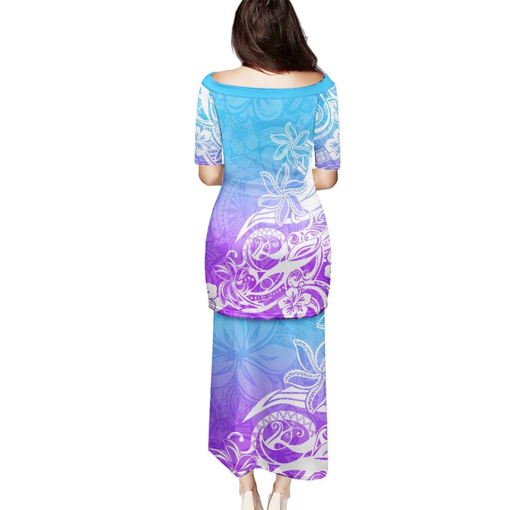 Polynesian Sunset Plumeria Puletasi Pacific Island Tribal Blue Style LT9 - Polynesian Pride