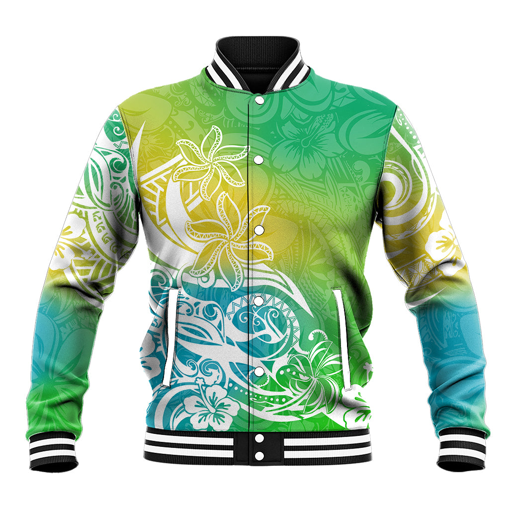 Polynesian Sunset Plumeria Baseball Jacket Pacific Island Tribal Green Style LT9 Unisex Green - Polynesian Pride