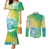 Polynesian Sunset Plumeria Couples Matching Mermaid Dress and Long Sleeve Button Shirts Pacific Island Tribal Green Style LT9 Green - Polynesian Pride