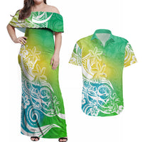 Polynesian Sunset Plumeria Couples Matching Off Shoulder Maxi Dress and Hawaiian Shirt Pacific Island Tribal Green Style LT9 Green - Polynesian Pride