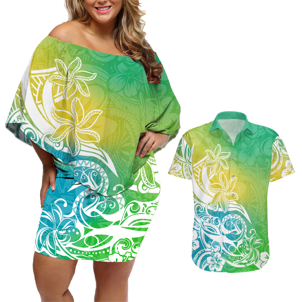 Polynesian Sunset Plumeria Couples Matching Off Shoulder Short Dress and Hawaiian Shirt Pacific Island Tribal Green Style LT9 Green - Polynesian Pride