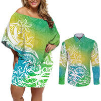 Polynesian Sunset Plumeria Couples Matching Off Shoulder Short Dress and Long Sleeve Button Shirts Pacific Island Tribal Green Style LT9 Green - Polynesian Pride