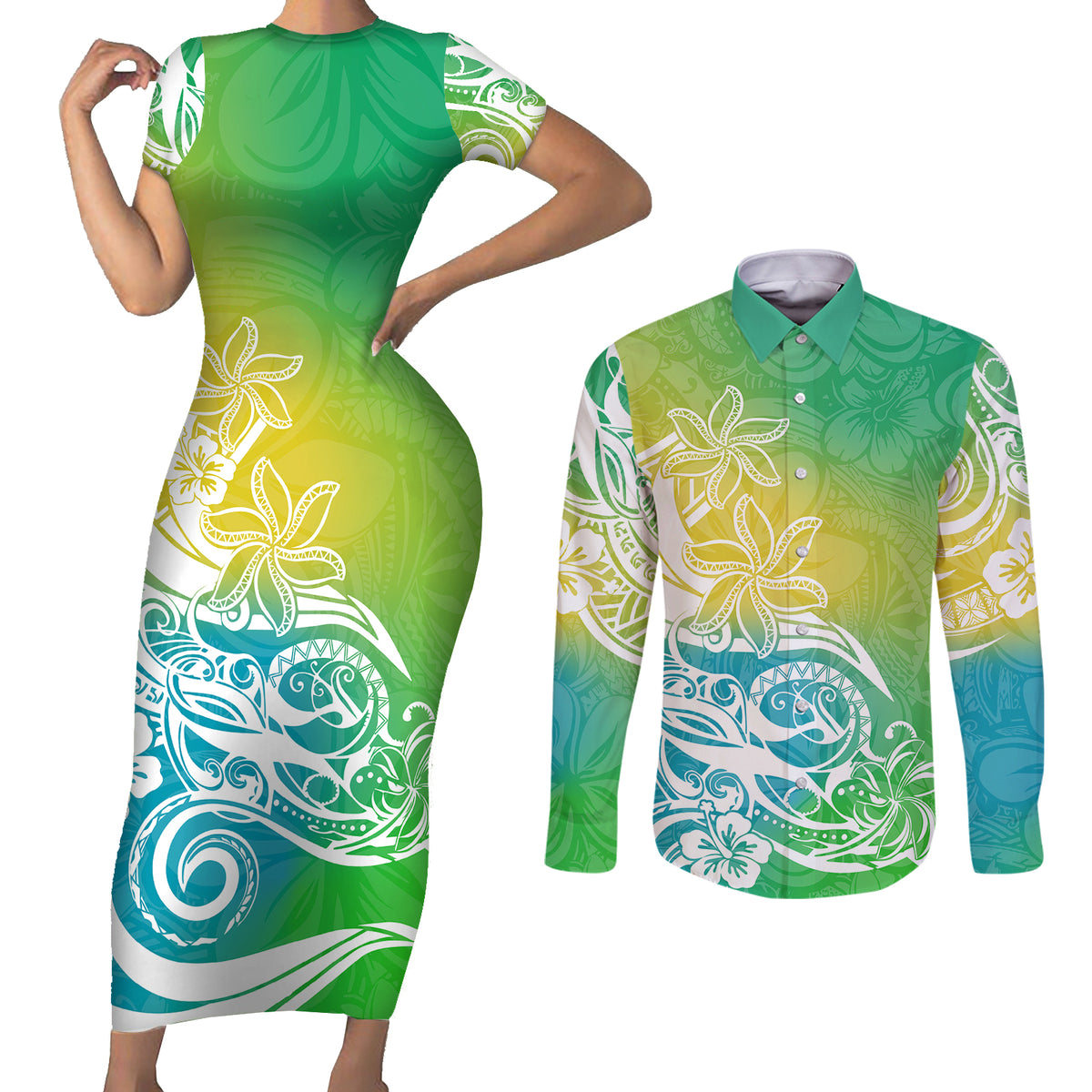 Polynesian Sunset Plumeria Couples Matching Short Sleeve Bodycon Dress and Long Sleeve Button Shirts Pacific Island Tribal Green Style LT9 Green - Polynesian Pride