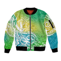 Polynesian Sunset Plumeria Sleeve Zip Bomber Jacket Pacific Island Tribal Green Style LT9 Unisex Green - Polynesian Pride