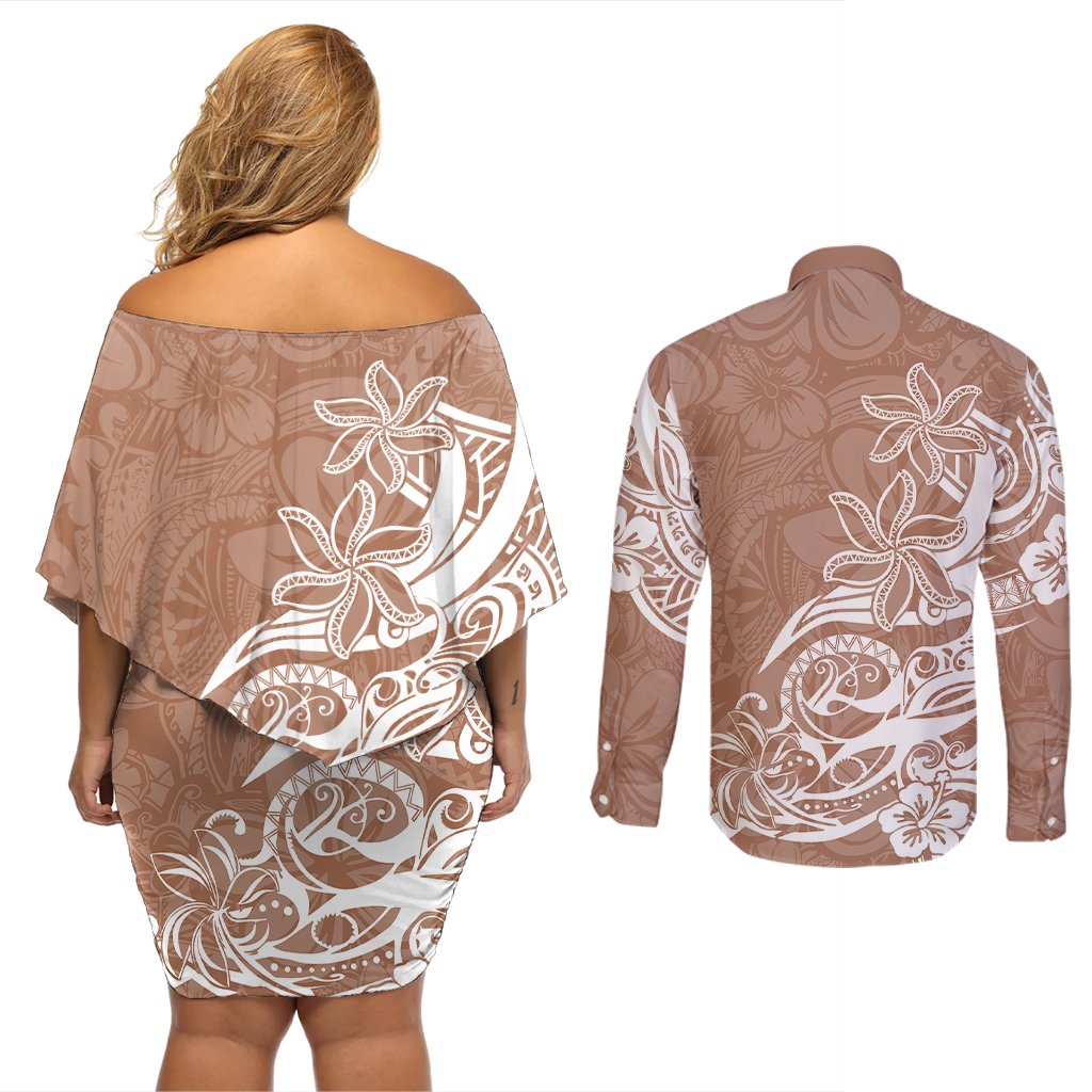 Polynesian Sunset Plumeria Couples Matching Off Shoulder Short Dress and Long Sleeve Button Shirts Pacific Island Tribal Nude Style LT9 - Polynesian Pride