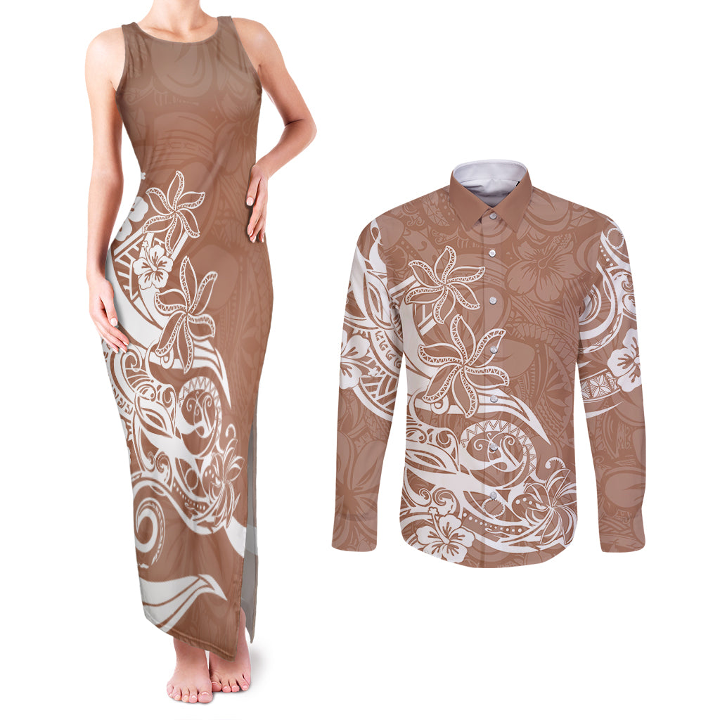 Polynesian Sunset Plumeria Couples Matching Tank Maxi Dress and Long Sleeve Button Shirts Pacific Island Tribal Nude Style LT9 Nude - Polynesian Pride