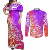 Polynesian Sunset Plumeria Couples Matching Off Shoulder Maxi Dress and Long Sleeve Button Shirts Pacific Island Tribal Purple Style LT9 Purple - Polynesian Pride