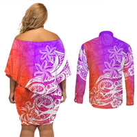 Polynesian Sunset Plumeria Couples Matching Off Shoulder Short Dress and Long Sleeve Button Shirts Pacific Island Tribal Purple Style LT9 - Polynesian Pride