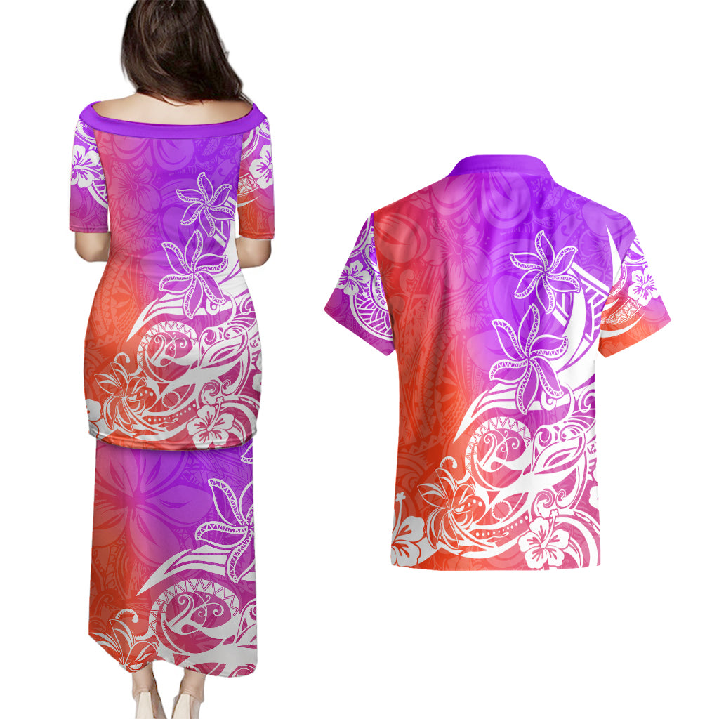 Polynesian Sunset Plumeria Couples Matching Puletasi Dress and Hawaiian Shirt Pacific Island Tribal Purple Style LT9 - Polynesian Pride