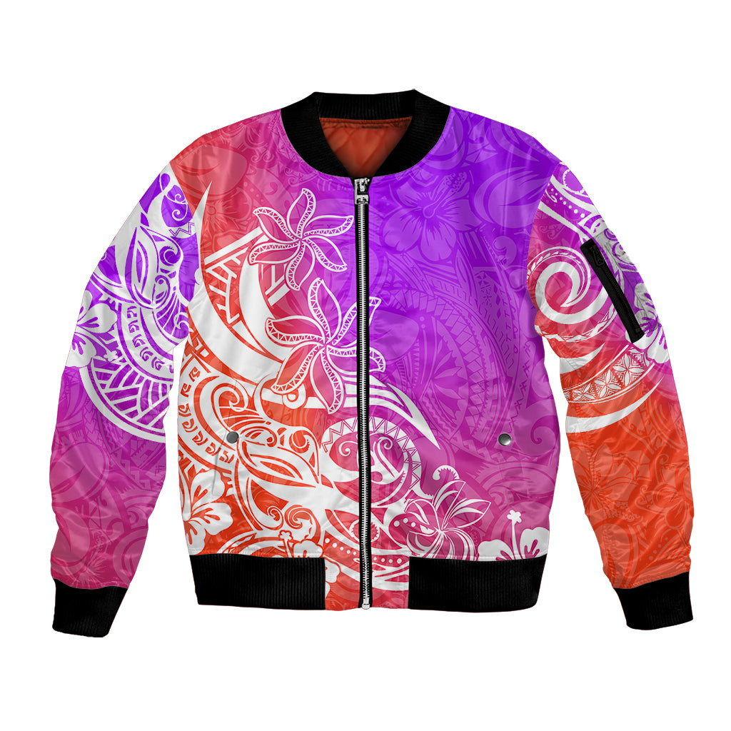 Polynesian Sunset Plumeria Sleeve Zip Bomber Jacket Pacific Island Tribal Purple Style LT9 Unisex Purple - Polynesian Pride