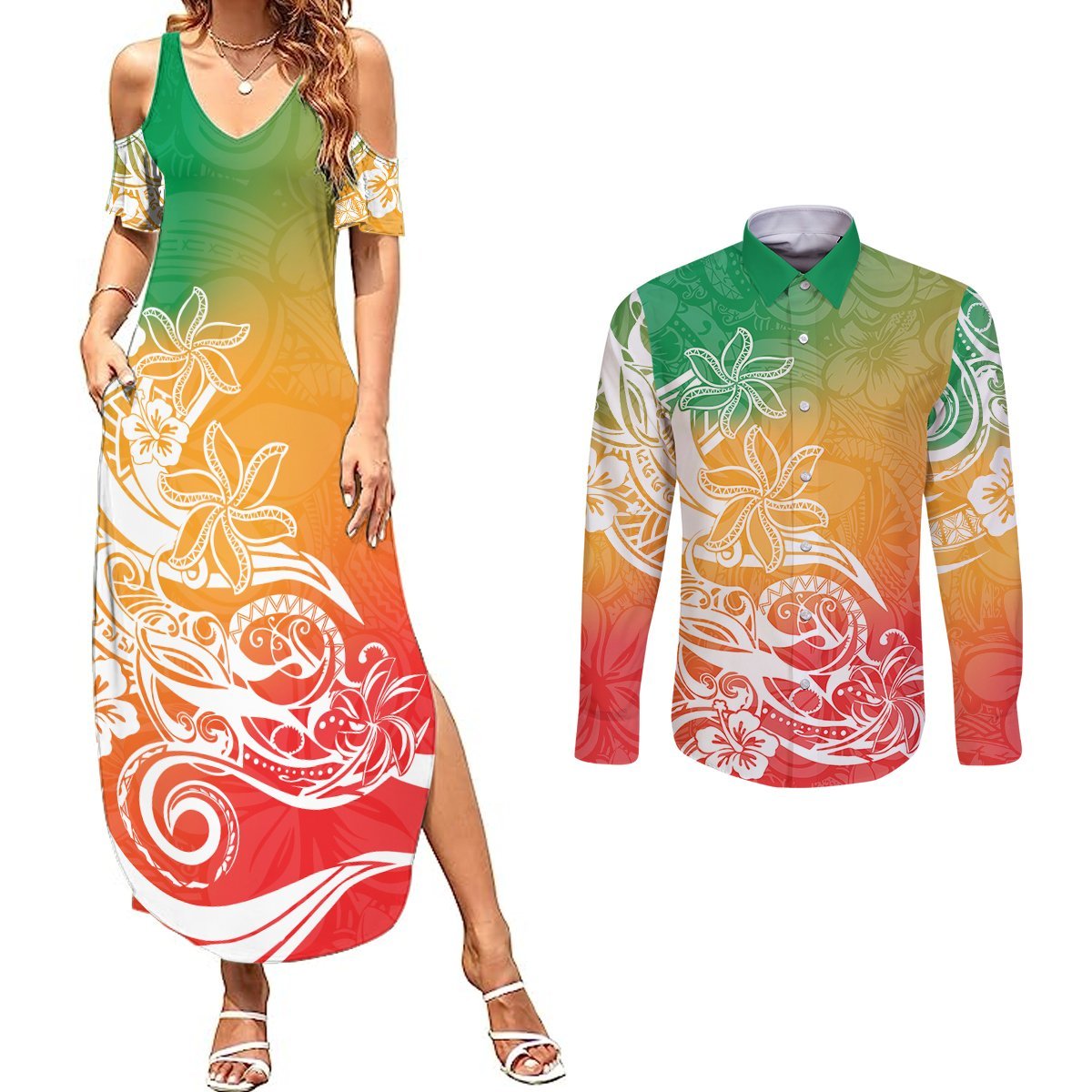 Polynesian Sunset Plumeria Couples Matching Summer Maxi Dress and Long Sleeve Button Shirts Pacific Island Tribal Reggae Style LT9 Reggae - Polynesian Pride