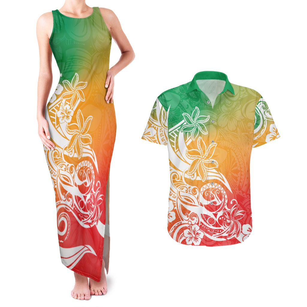 Polynesian Sunset Plumeria Couples Matching Tank Maxi Dress and Hawaiian Shirt Pacific Island Tribal Reggae Style LT9 Reggae - Polynesian Pride