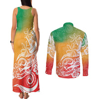 Polynesian Sunset Plumeria Couples Matching Tank Maxi Dress and Long Sleeve Button Shirts Pacific Island Tribal Reggae Style LT9 - Polynesian Pride