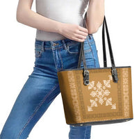 Hawaiian Quilt Block Design Leather Tote Bag Gold Hawaii Culture Motifs - Polynesian Pride