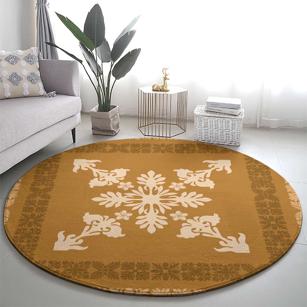 Hawaiian Quilt Block Design Round Carpet Gold Hawaii Culture Motifs - Polynesian Pride