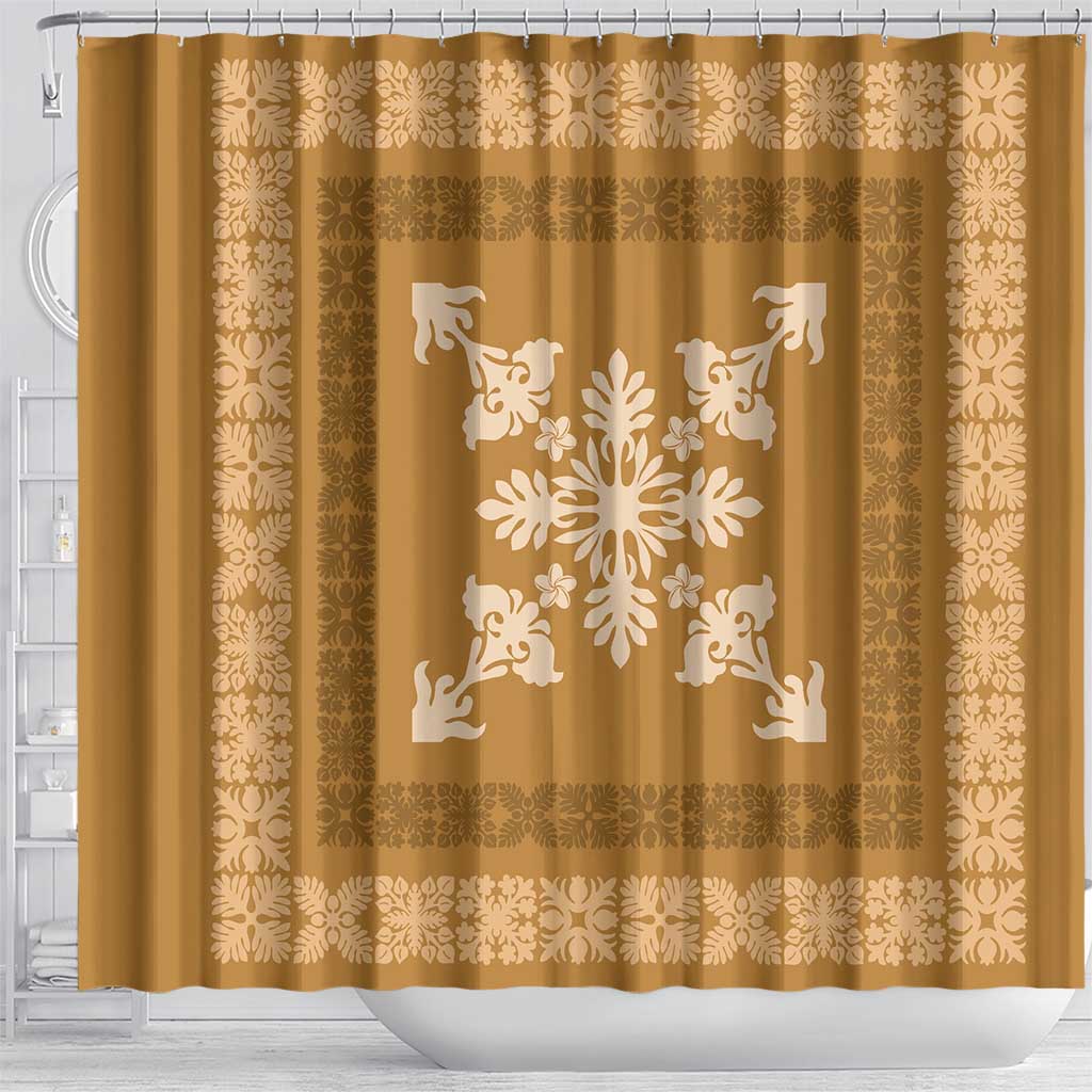 Hawaiian Quilt Block Design Shower Curtain Gold Hawaii Culture Motifs - Polynesian Pride