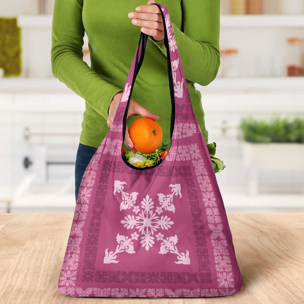 Hawaiian Quilt Block Design Grocery Bag Pink Hawaii Culture Motifs - Polynesian Pride