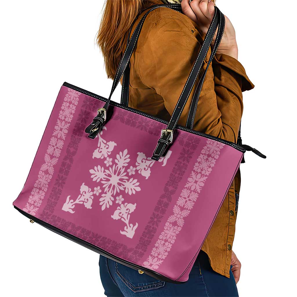 Hawaiian Quilt Block Design Leather Tote Bag Pink Hawaii Culture Motifs - Polynesian Pride