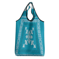 Hawaiian Quilt Block Design Grocery Bag Teal Hawaii Culture Motifs - Polynesian Pride