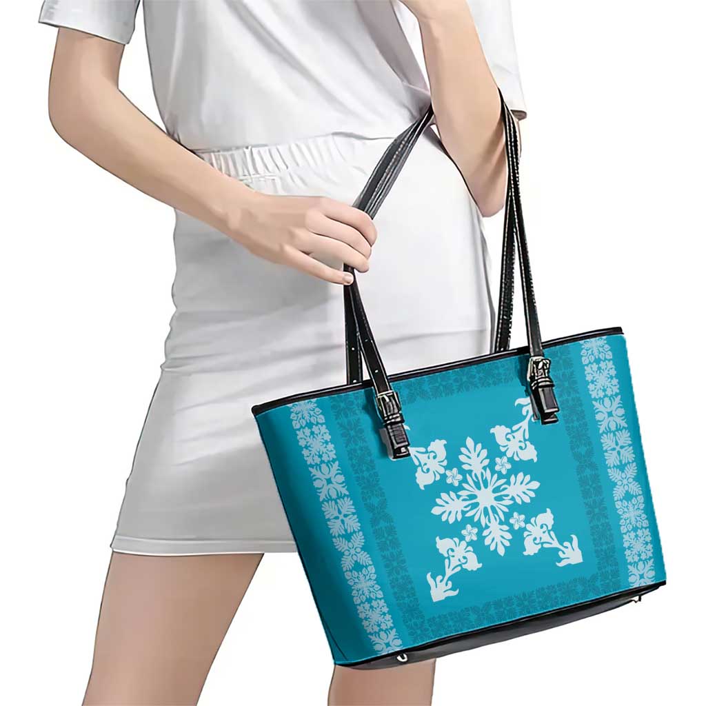 Hawaiian Quilt Block Design Leather Tote Bag Teal Hawaii Culture Motifs - Polynesian Pride
