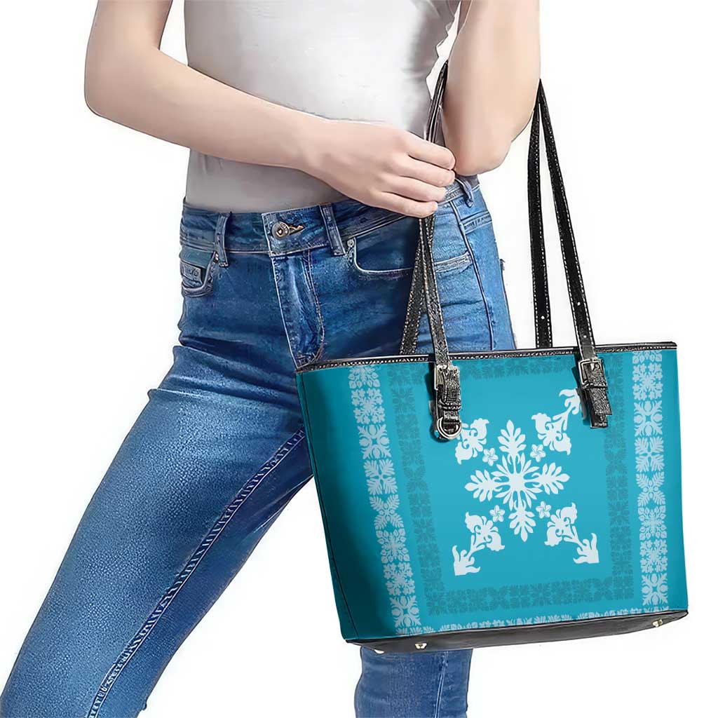 Hawaiian Quilt Block Design Leather Tote Bag Teal Hawaii Culture Motifs - Polynesian Pride