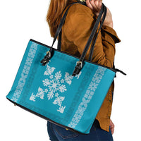 Hawaiian Quilt Block Design Leather Tote Bag Teal Hawaii Culture Motifs - Polynesian Pride