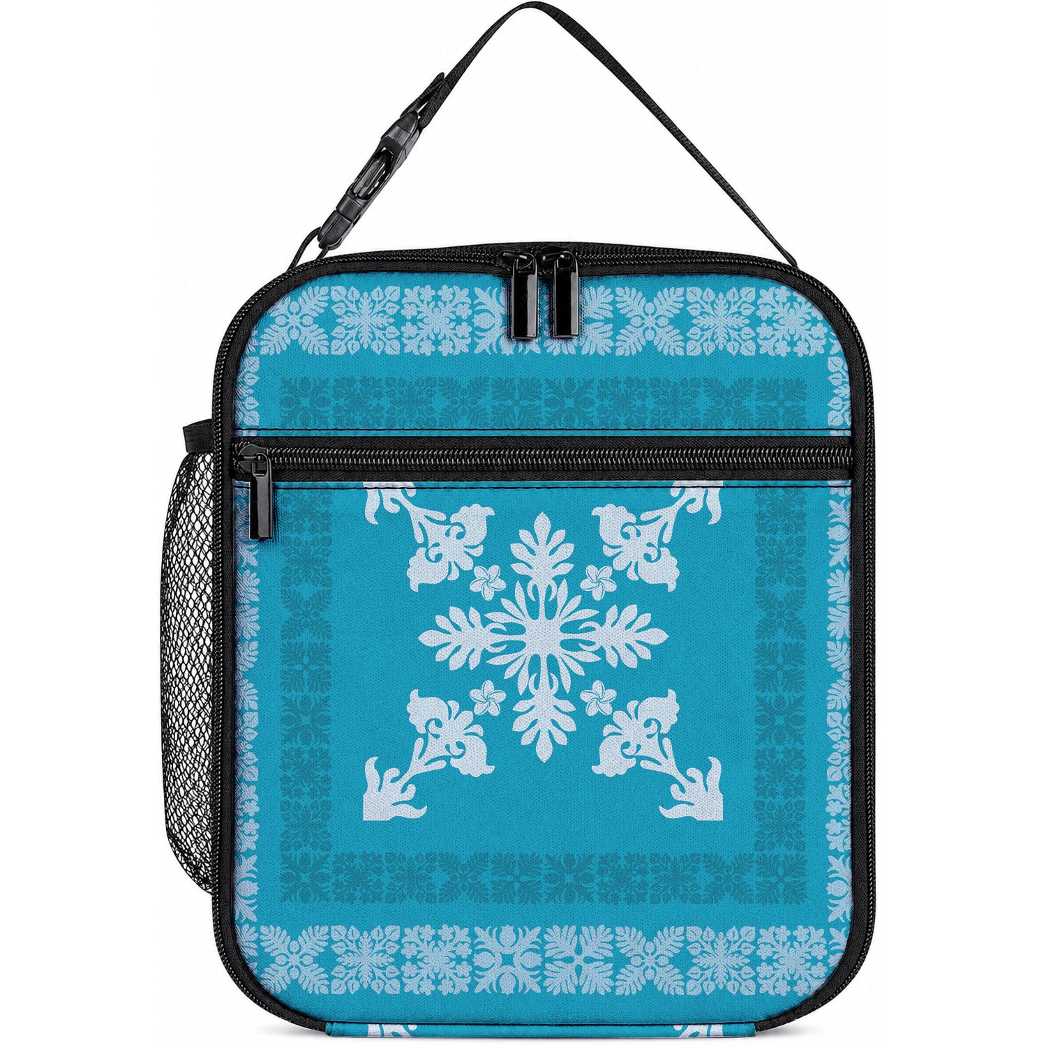 Hawaiian Quilt Block Design Lunch Bag Teal Hawaii Culture Motifs LT9 10.2 × 8.3 × 4.3 inch Teal - Polynesian Pride