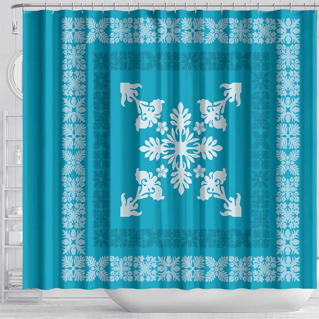 Hawaiian Quilt Block Design Shower Curtain Teal Hawaii Culture Motifs - Polynesian Pride