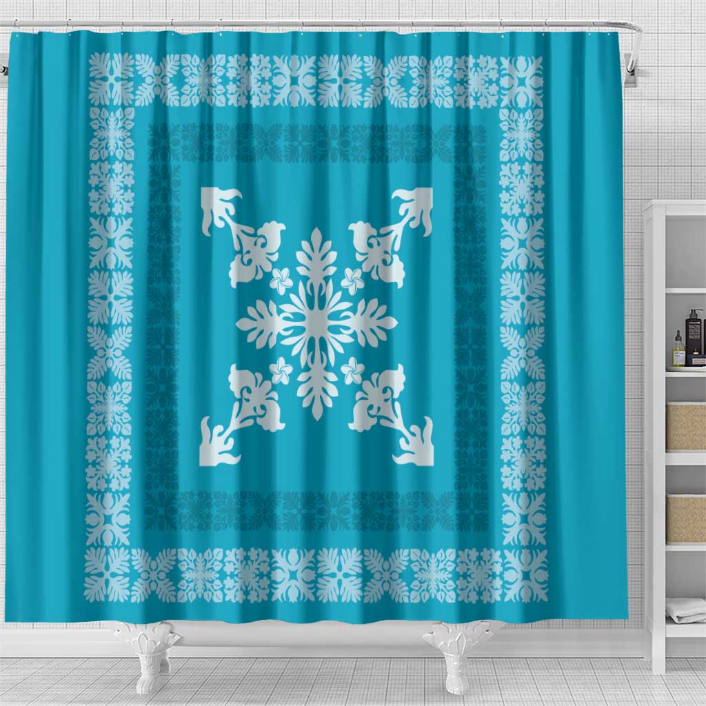 Hawaiian Quilt Block Design Shower Curtain Teal Hawaii Culture Motifs - Polynesian Pride