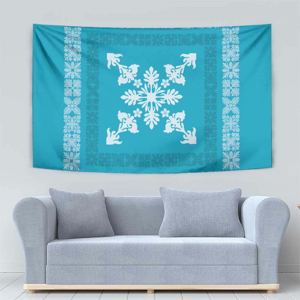 Hawaiian Quilt Block Design Tapestry Teal Hawaii Culture Motifs - Polynesian Pride