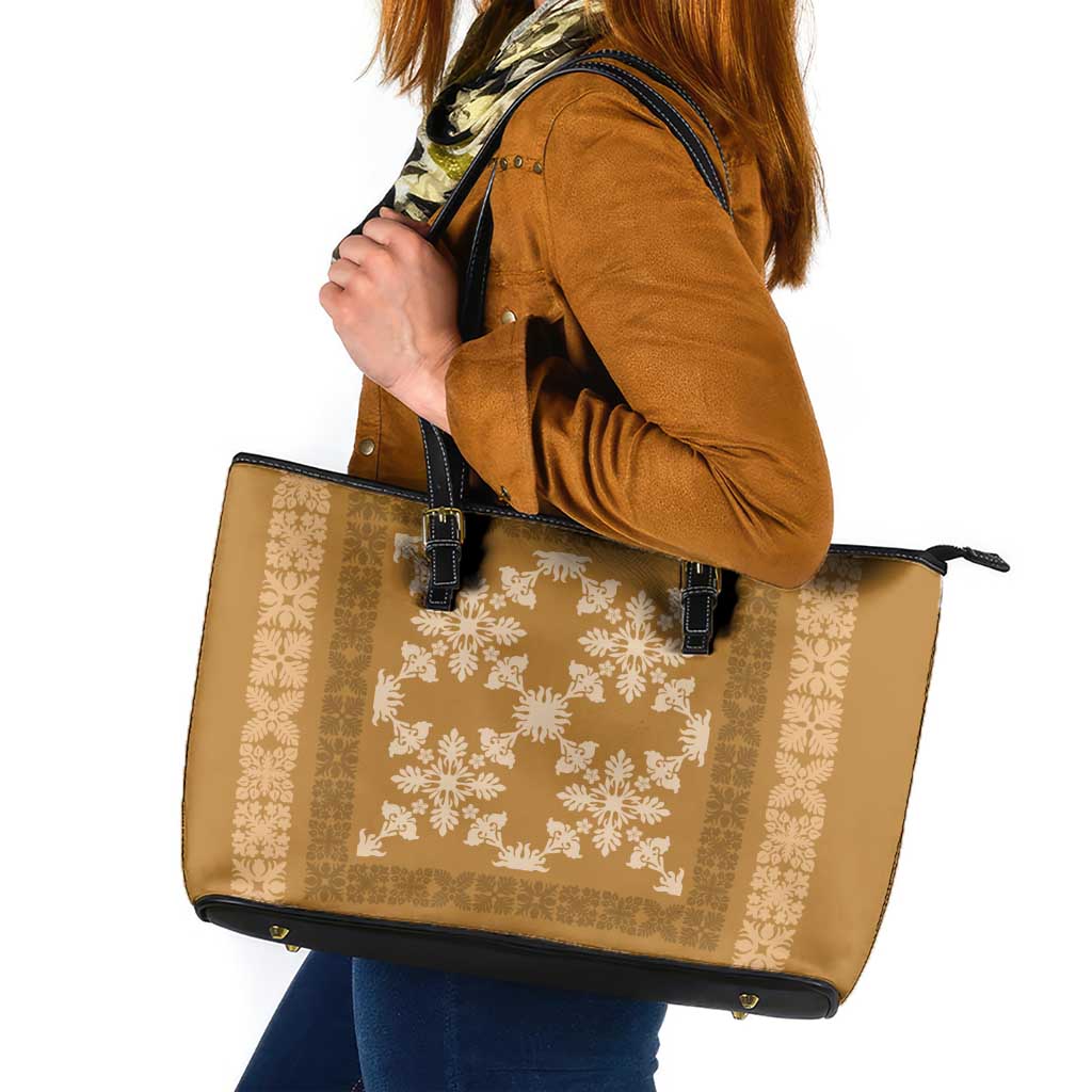 Hawaiian Quilt Pattern Leather Tote Bag Gold Hawaii Culture Tropical - Polynesian Pride