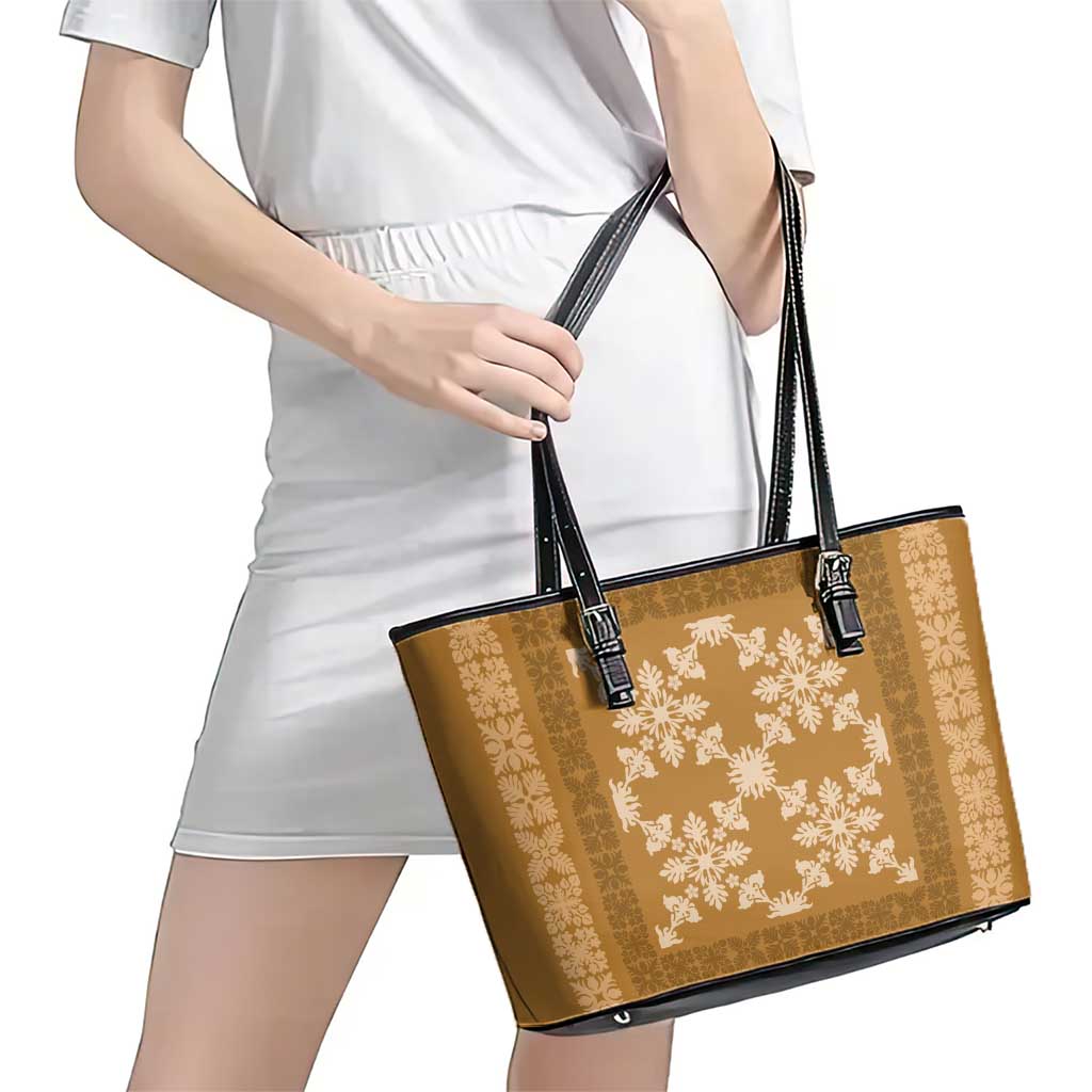 Hawaiian Quilt Pattern Leather Tote Bag Gold Hawaii Culture Tropical - Polynesian Pride