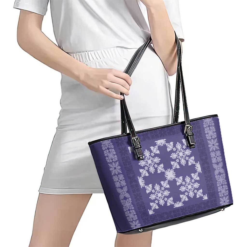 Hawaiian Quilt Pattern Leather Tote Bag Purple Hawaii Culture Tropical - Polynesian Pride