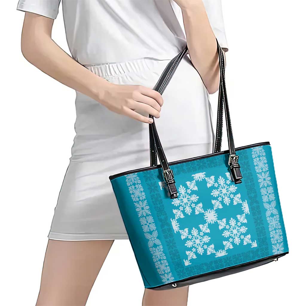 Hawaiian Quilt Pattern Leather Tote Bag Teal Hawaii Culture Tropical - Polynesian Pride