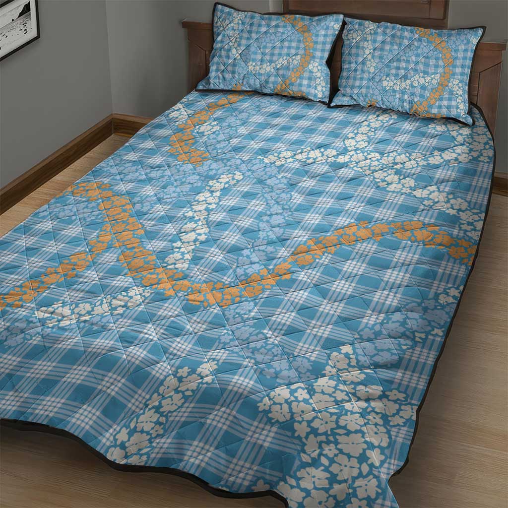 Blue Tropical Floral Palaka Quilt Bed Set Hawaiian Quilt Pattern - Polynesian Pride
