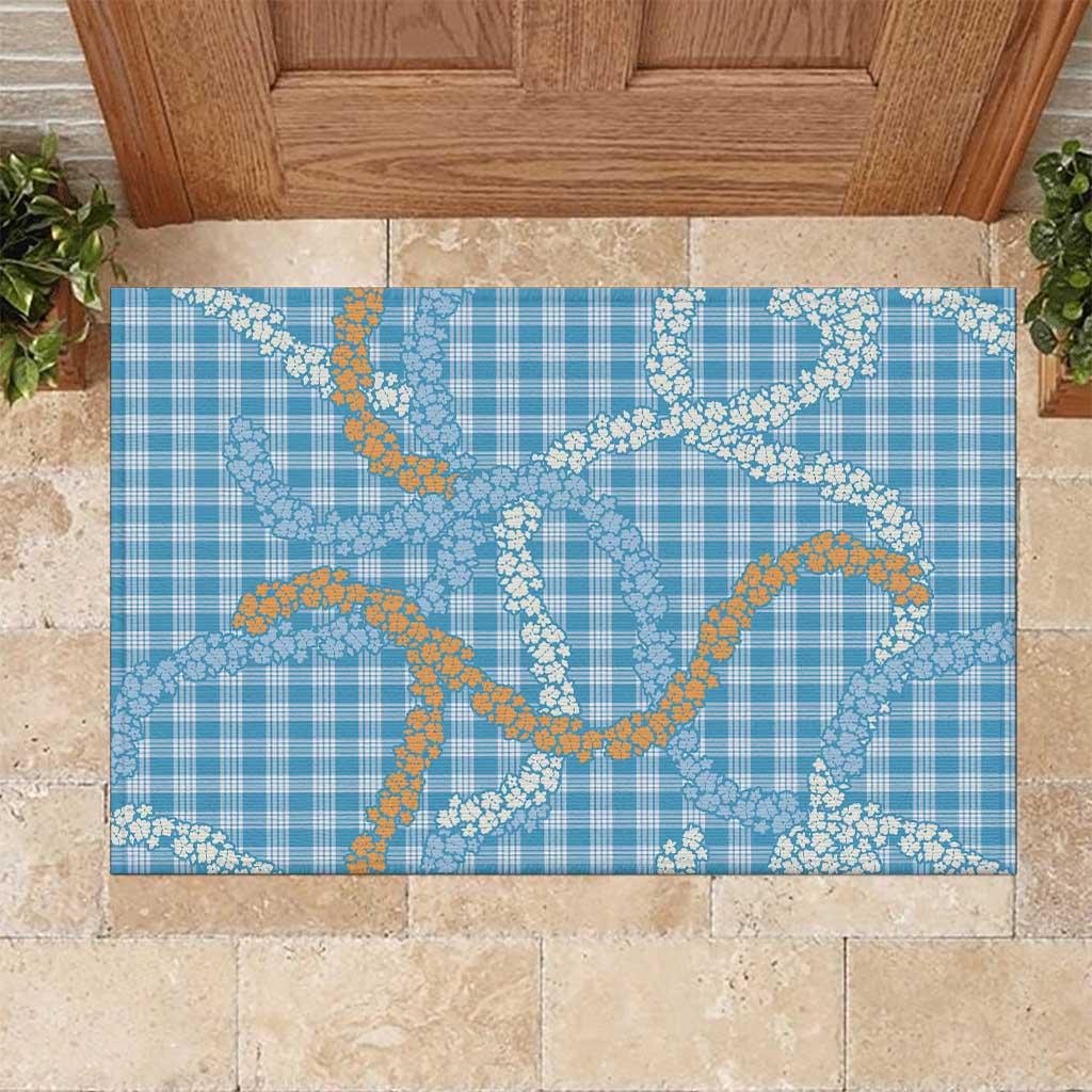Blue Tropical Floral Palaka Rubber Doormat Hawaiian Quilt Pattern - Polynesian Pride