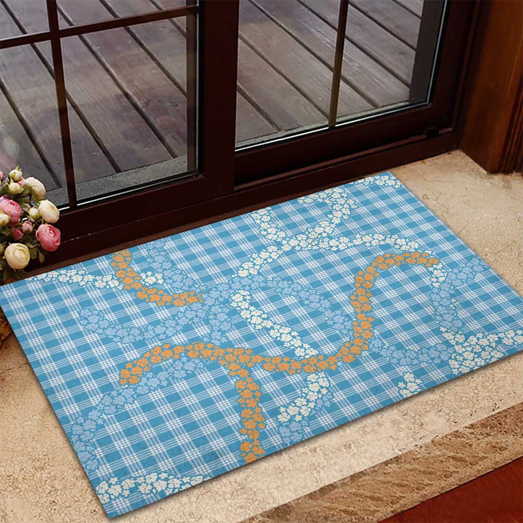 Blue Tropical Floral Palaka Rubber Doormat Hawaiian Quilt Pattern - Polynesian Pride
