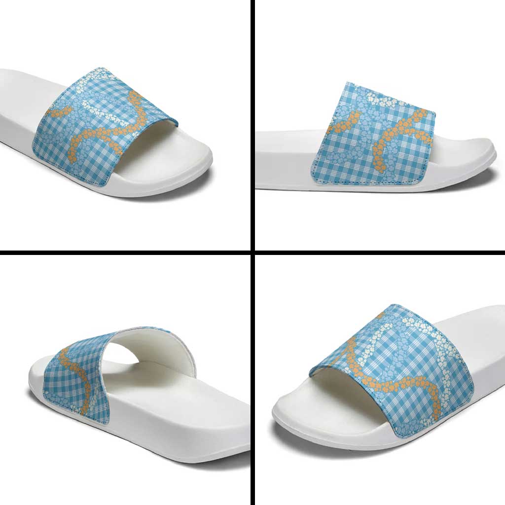 Blue Tropical Floral Palaka Slide Sandals Hawaiian Quilt Pattern - Polynesian Pride