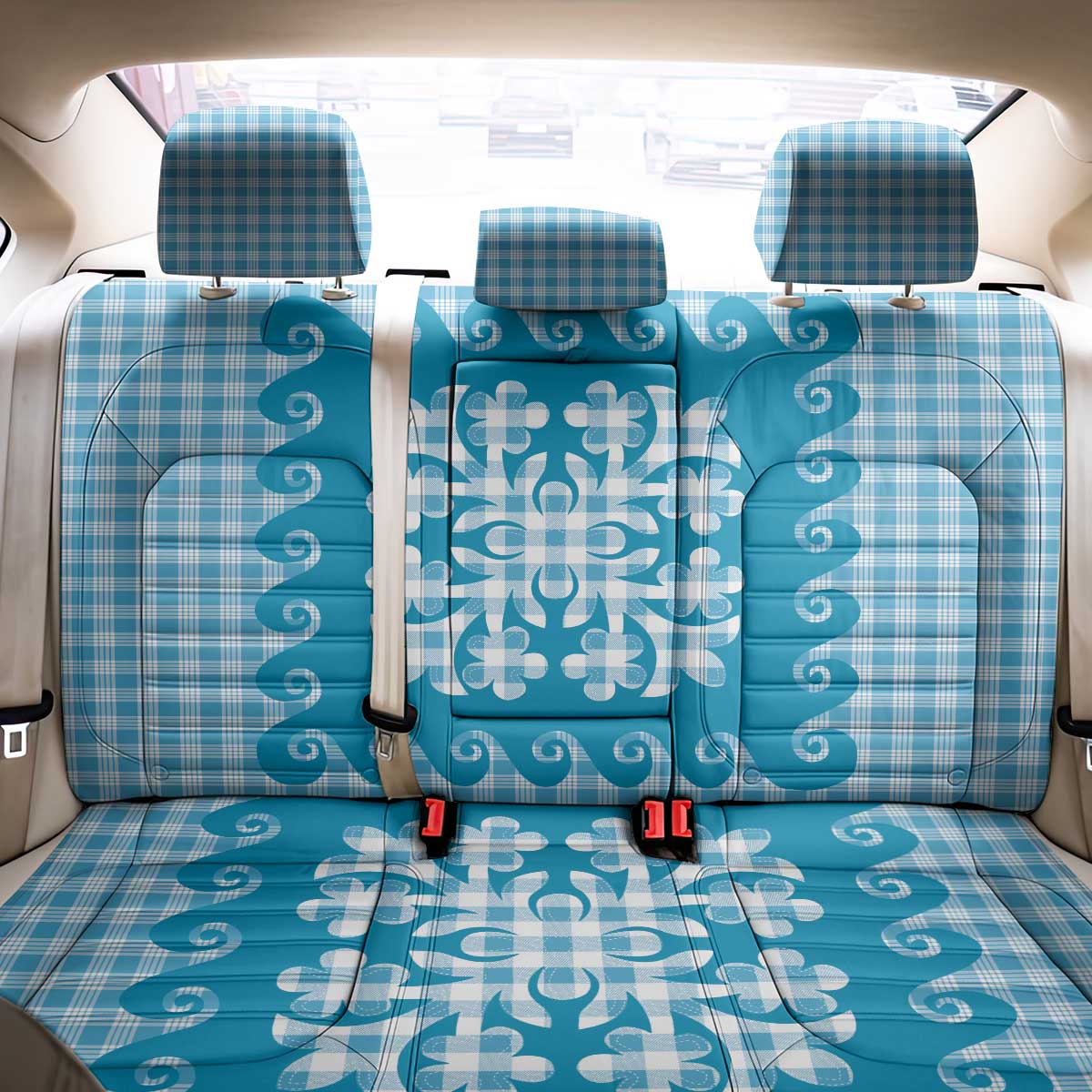 Blue Ulu Palaka Quilt Pattern Back Car Seat Cover Hawaii Culture Breadfruit - Polynesian Pride
