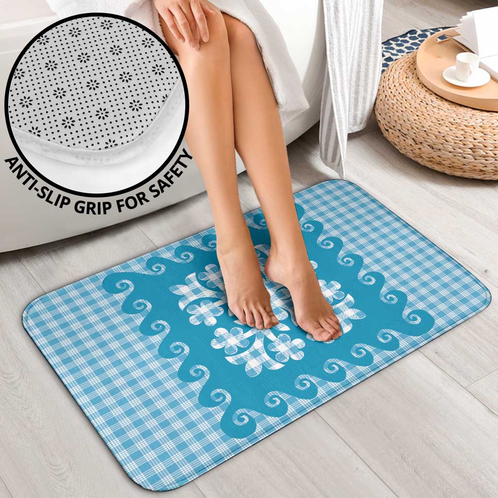 Blue Ulu Palaka Quilt Pattern Bathroom Set Hawaii Culture Breadfruit - Polynesian Pride