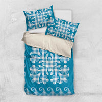 Blue Ulu Palaka Quilt Pattern Bedding Set Hawaii Culture Breadfruit - Polynesian Pride