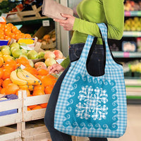 Blue Ulu Palaka Quilt Pattern Grocery Bag Hawaii Culture Breadfruit - Polynesian Pride