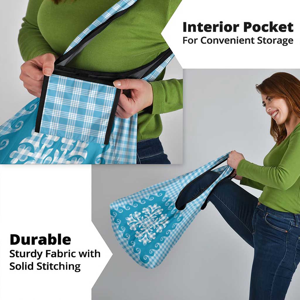 Blue Ulu Palaka Quilt Pattern Grocery Bag Hawaii Culture Breadfruit - Polynesian Pride