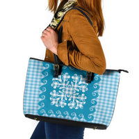 Blue Ulu Palaka Quilt Pattern Leather Tote Bag Hawaii Culture Breadfruit - Polynesian Pride