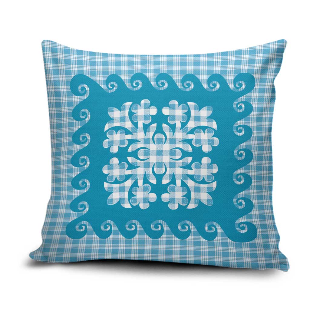 Blue Ulu Palaka Quilt Pattern Pillow Cover Hawaii Culture Breadfruit - Polynesian Pride