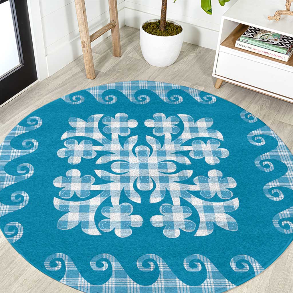 Blue Ulu Palaka Quilt Pattern Round Carpet Hawaii Culture Breadfruit - Polynesian Pride