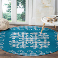 Blue Ulu Palaka Quilt Pattern Round Carpet Hawaii Culture Breadfruit - Polynesian Pride