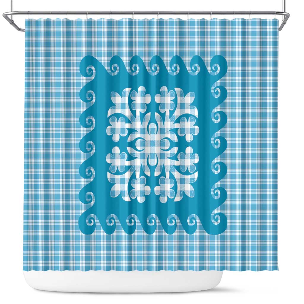 Blue Ulu Palaka Quilt Pattern Shower Curtain Hawaii Culture Breadfruit - Polynesian Pride
