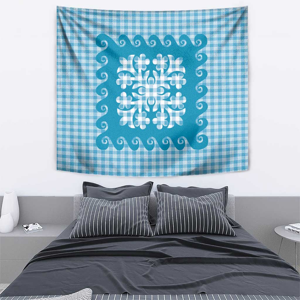 Blue Ulu Palaka Quilt Pattern Tapestry Hawaii Culture Breadfruit - Polynesian Pride