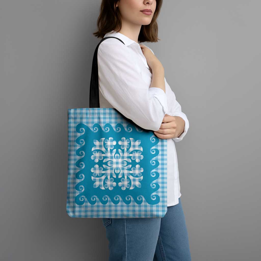 Blue Ulu Palaka Quilt Pattern Tote Bag Hawaii Culture Breadfruit - Polynesian Pride